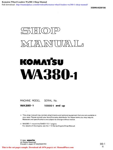 Komatsu Wheel Loaders Wa380 1 Shop Manual | PDF