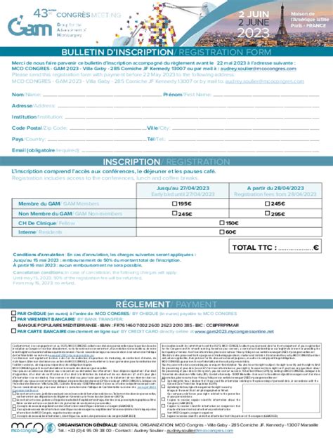 Remplissable En Ligne BULLETIN DINSCRIPTION REGISTRATION FORM Faxer