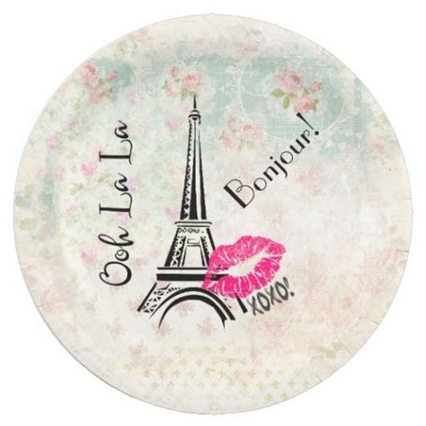 Ooh La La Paris Eiffel Tower On Vintage Pattern Paper Plates Zazzle