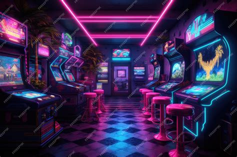 Premium Ai Image A Deserted Arcade Neon Lights Flickering And Casting