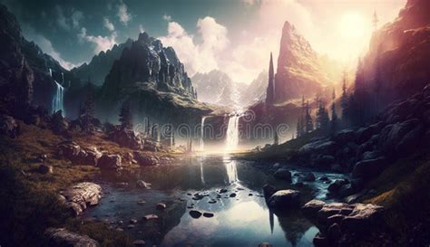 Majestic Magical Fantasy Landscape With Mountains River Waterfall