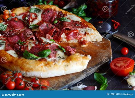 Traditional Fresh Italian Pizza With Dried Salami Tomatoes Mozzarella