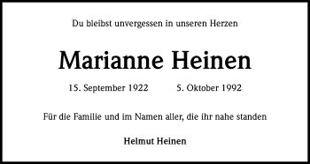 Traueranzeigen Von Marianne Heinen WirTrauern