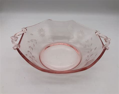 1930s Lancaster Pink Depression Glass Handled Serving Bowl Blush Pink Etched Floral Pink