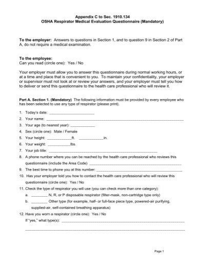 Osha Respirator Medical Evaluation Questionnaire