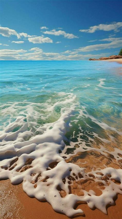 Serene blue ocean waves lap against golden sandy shores. Vertical Mobile Wallpaper AI Generated ...