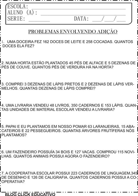 Atividades De Matematica Ano Fundamental Problemas Adi O E Subtra O