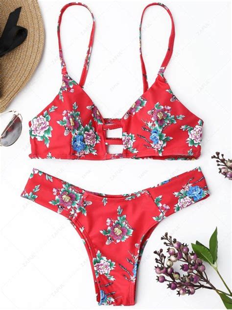 OFF Strappy Floral Thong Bikini Set In RED ZAFUL
