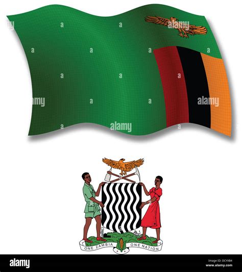 Zambia Sombra Textura Ondulada Bandera Y Escudo Contra Fondo Blanco