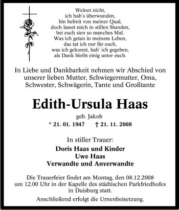 Traueranzeigen Von Edith Ursula Haas Trauer In NRW De