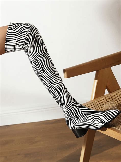 Womens Zebra Print Low Heel Over The Knee Boots