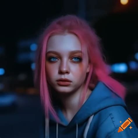 Young Woman With Pink Hair And Blue Eyes In Blue Hoodie At Night In San