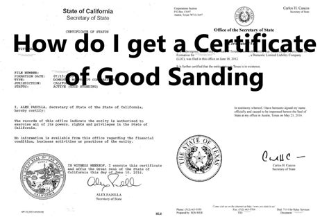 Form Of Certificate Of Good Standing