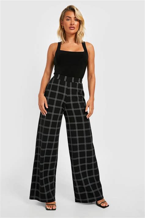 Grid Check High Waisted Crepe Wide Leg Trousers Boohoo Uk