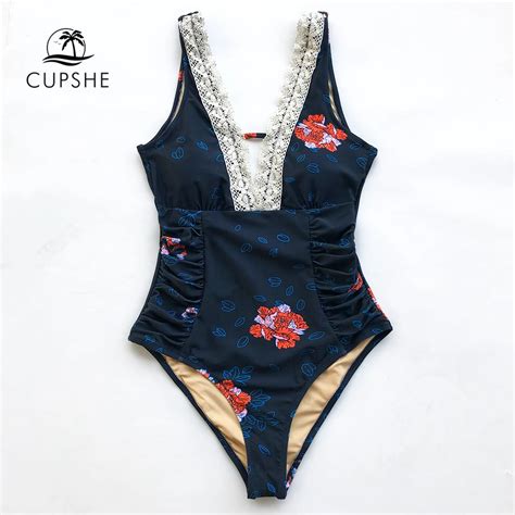 Cupshe Navy Blue Flora Print Lace One Piece Swimsuit Women V Neck