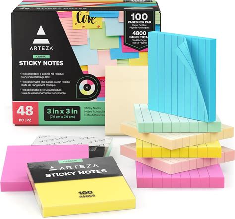 Arteza Sticky Notes 3x3 Inches 48 Lined And Blank Sticky Pads Bulk Assorted