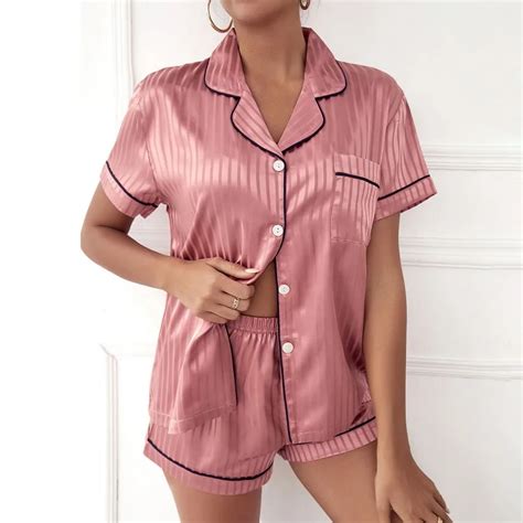 2022 mulheres pijamas verão conjunto de pijama rosa turn down collar