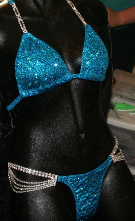 Style Metallic Turquoise Avatar Competition Bikini With Rhinestone