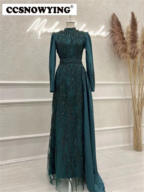 Luxury Appliques Long Sleeve Muslim Evening Dresses High Neck Islamic