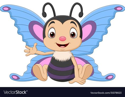 Cartoon Funny Butterfly Sitting And Waving Vector Image