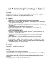 Chem 200 Pre Lab 7 Calorimetry Part 2 Enthalpy Of Reaction Lab 7