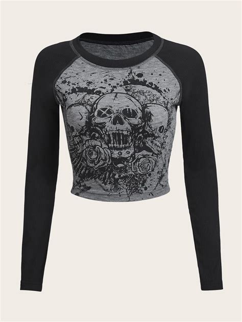 ROMWE Skull Floral Graphic Raglan Sleeve Tee SHEIN EUR Fashion