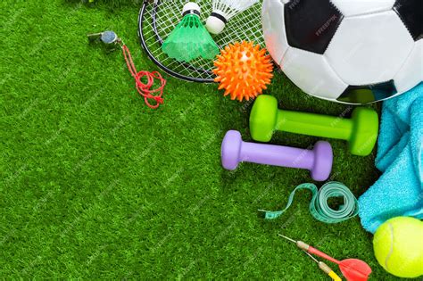 Premium Photo Various Sport Tools On Grass