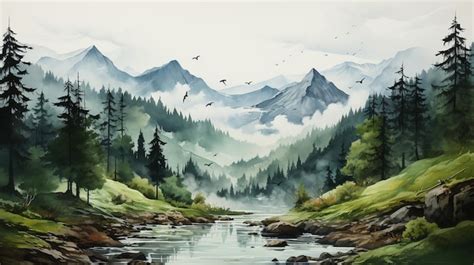 Premium Photo Watercolor Painting Of Mountain Forest Landscape With