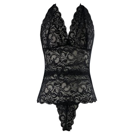 Sexy Black Lace Halter Deep V Neck Teddy Lingerie N10203