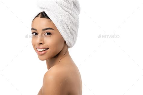 Side View Of Beautiful Naked African American Woman With Towel On Head