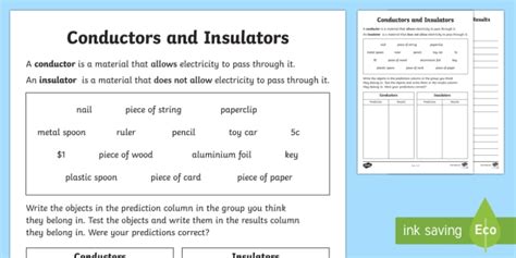 Conductors And Insulators Worksheet Worksheet