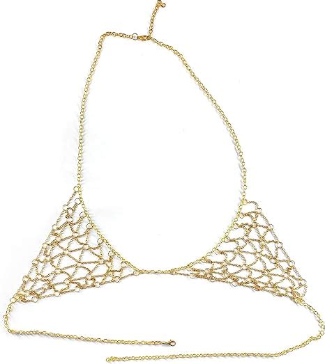 Viiegor Bikini BH Kette Body Chain Bra Brustketten Mesh BH Kette Kreuz Bikini Gold BH Kette