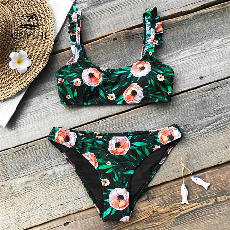 Cupshe Flora Print Ruffles Tank Bikini Set Women Sexy Thong Bikini Two