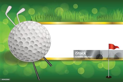 Background Green Golf Club Sport Ball Red Flag Gold Frame Stock