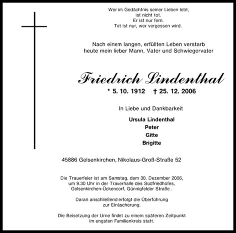 Trauer Und Todesanzeigen Von Friedrich Lindenthal Trauer De