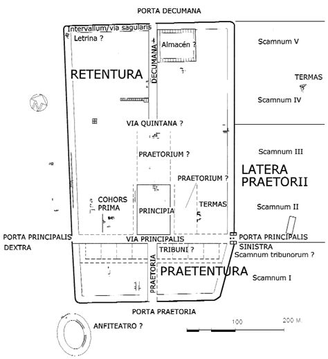 Plano del campamento de la Legio VII Gemina en León y reconstrucción