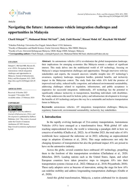 Pdf Navigating The Future Autonomous Vehicle Integration Challenges And Opportunities In Malaysia