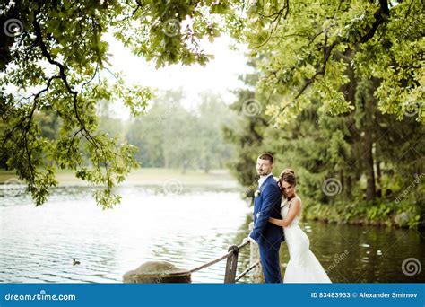 Pares Novos Bonitos Do Casamento Noivos Que Levantam No Fundo Do Lago