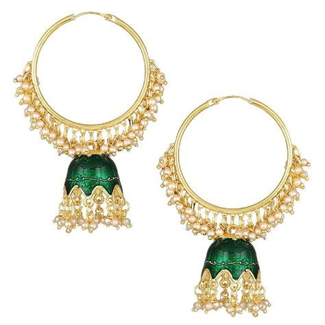 Mahi Green Meenakari Work Enamelled Artificial Pearl Bali Jhumki