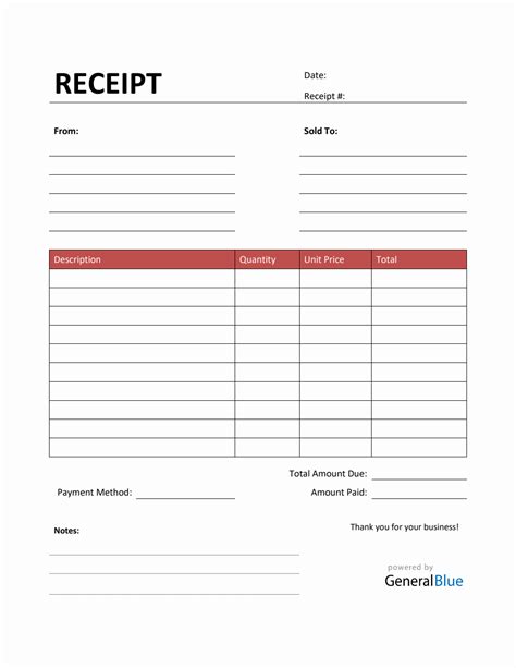 Simple Receipt Template In Excel Red