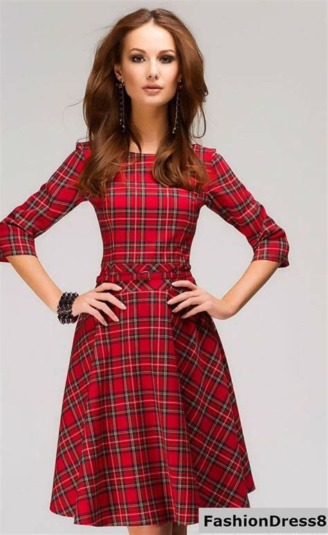 Red Tartan Dress Plaid Mini Dress Casual Flared Dress Long Sleeve