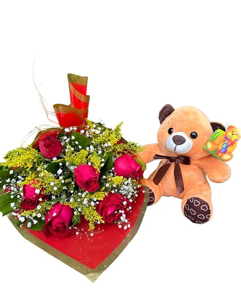 Buquê de Amor 6 Rosas Vermelhas Urso de Pelúcia Fênix