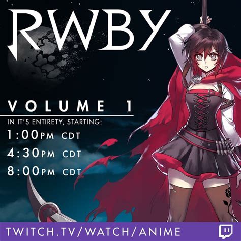 The Poster For Rwby Vol 1 Is Shown In Purple And Black With Red Cape