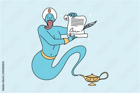 Blue genie from golden bottle holding paper granting wishes. Jinn with ...