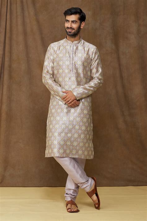 Buy Cream Kurta Jacquard Banarasi Silk Geometric Pattern Set For Men By