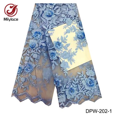 D Flowers Lace Fabric High Quality Beaded French Lace Fabric Sky Blue