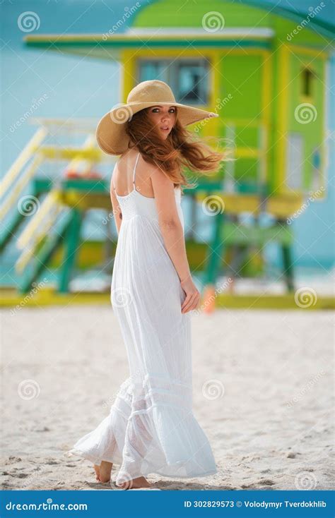 Beautiful Girl With Straw Hat Enjoying Sunbath At Beach Young Tanned