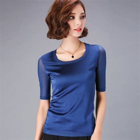 Summer New Temperament High End Black Silk Bottoming Short Sleeve Silk Female Solid Color T