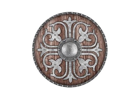 Old Decorated Wooden Round Shield Isolated On White Stock Illustration