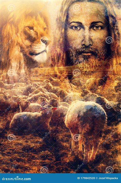 Jesus The Good Shepherd Jesus And Lambs And Lion Stock Illustration